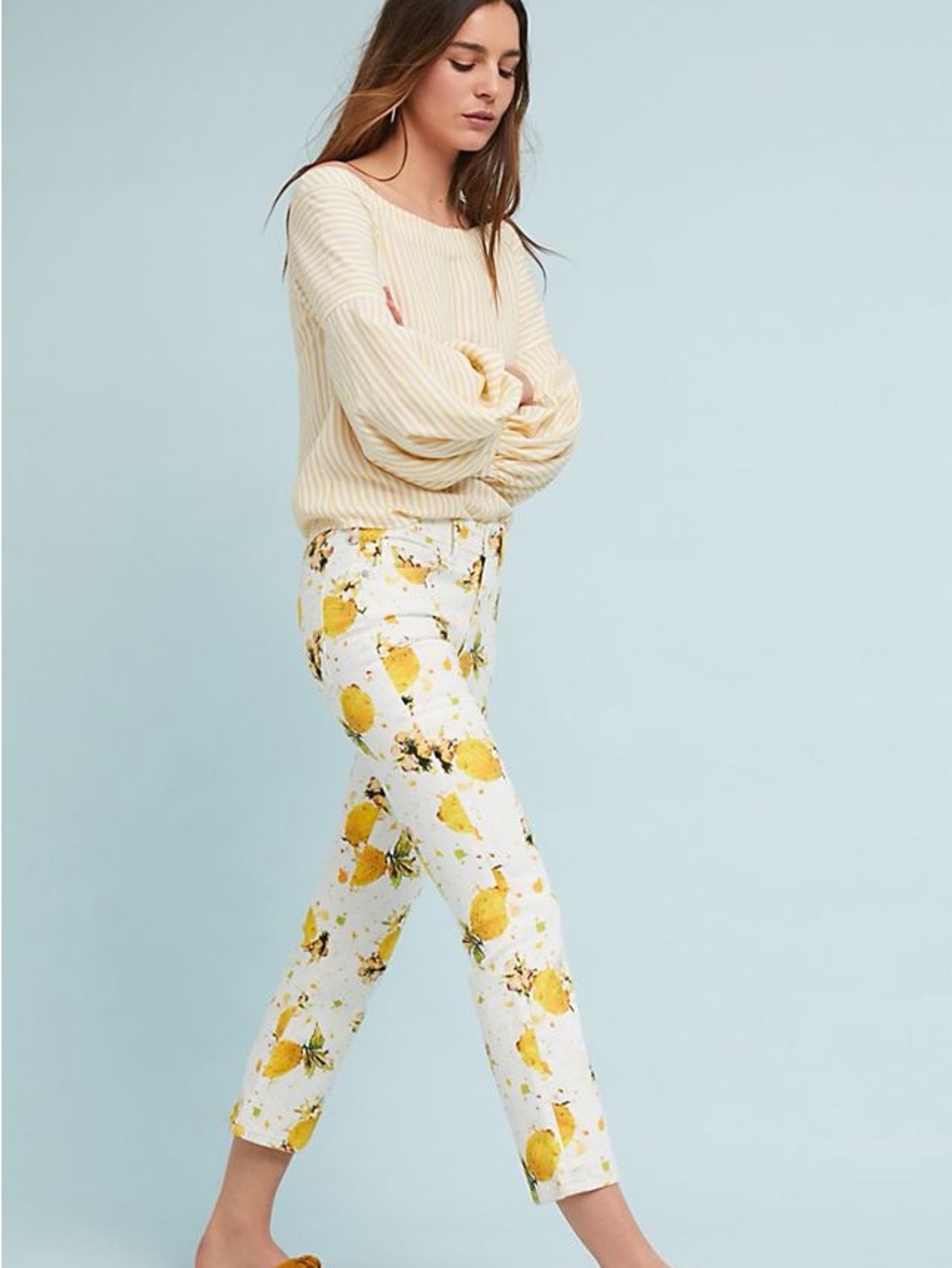 Pilcro and the Letterpress Lemon-Print Cropped Jeans in White and Yellow